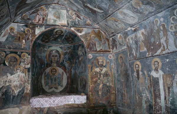 GREECE, Peloponnese, Mani Peninsula, Stoupa. Interior of church with Frescoes.