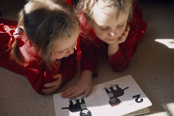 EDUCATION, Children, Reading, Two toddlers lying on the floor in a sunlit room looking at a book