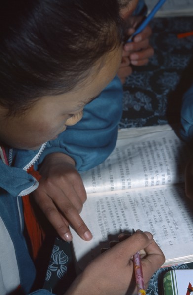 CHINA, Yunnan Province, Schoolgirl reading her book in class.