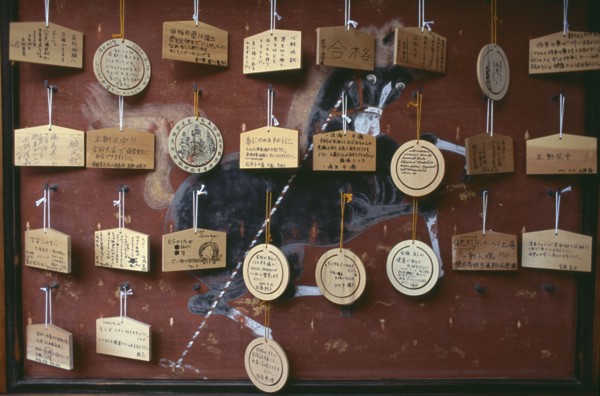 JAPAN, Honshu, Kyoto, Sanjusangen do Temple. Ema wooden votive tablets hanging from hooks on a wall
