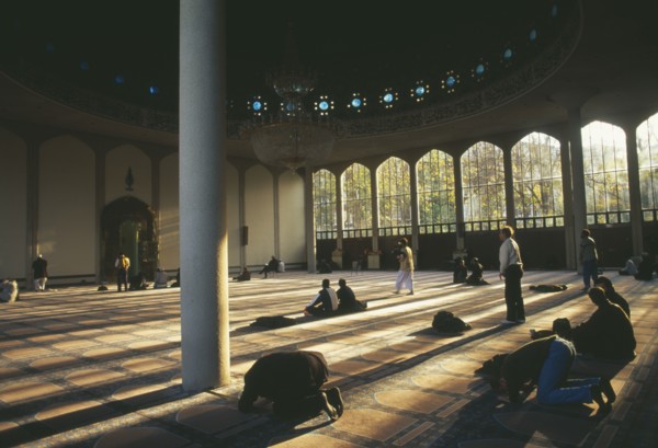 ENGLAND, London, Muslims at prayer inside mosque in Regents Park.
