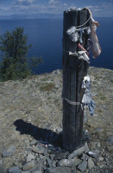 RUSSIA, Siberia, Lake Baikal, Buryat shaman tethering post or serge representing the tree of life.