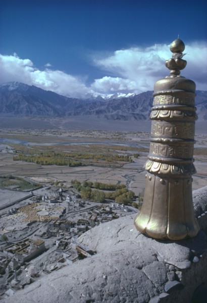 INDIA, Ladakh, Thikse, View across fertile valley from the Gompa roof