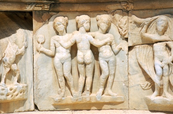 LIBYA, Tripolitania, Sabratha, Bas relief carvings of mythological figures on white marble pulpitum
