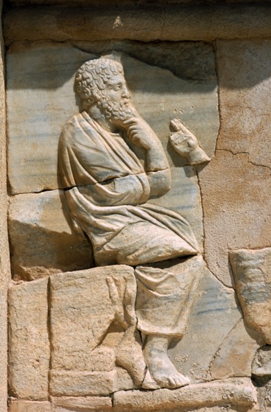 LIBYA, Tripolitania, Sabratha, Bas relief carving of mythological figure on white marble pulpitum