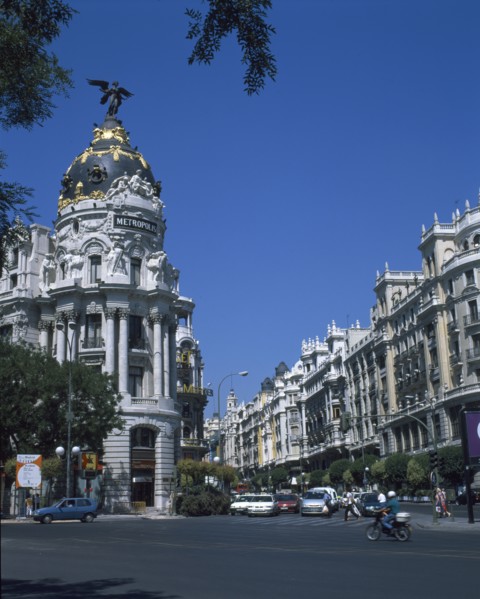 SPAIN, Madrid State, Madrid, Alcala Grand Via Junction. View over road and traffic towards the