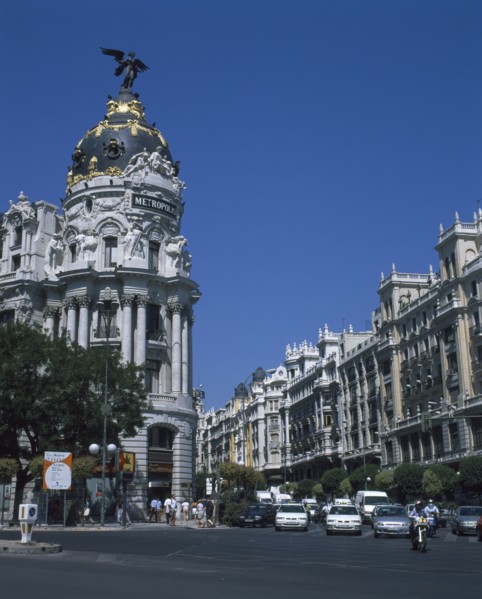 SPAIN, Madrid State, Madrid, Alcala Grand Via Junction. View over road and traffic towards the
