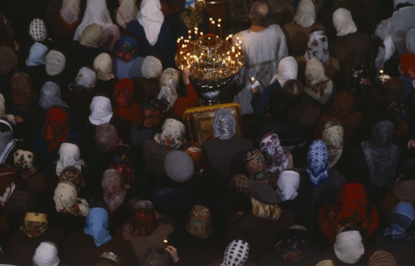 RUSSIA, Moscow, Looking down on congregation at Easter service in St Daniil Monastery.