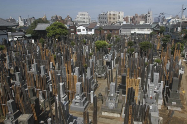 JAPAN, Honshu, Tokyo, Yanaka. View over the cemetary of Shoyomei-ji Temple closely surrounded by
