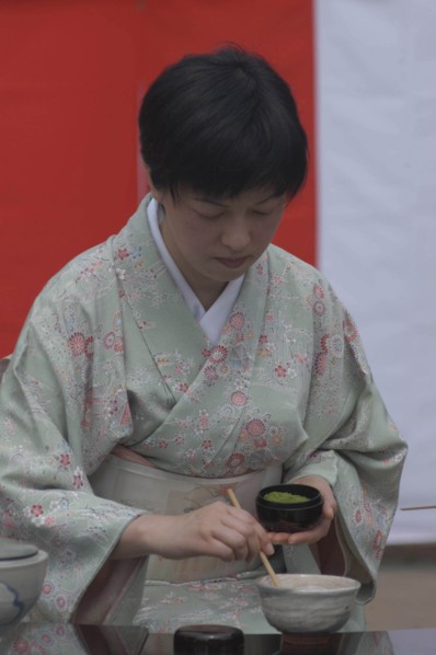 JAPAN, Chiba, Yokaichiba, "Licensed tea master, Chiharu Koshikawa, prepares green tea, ""macha"" at