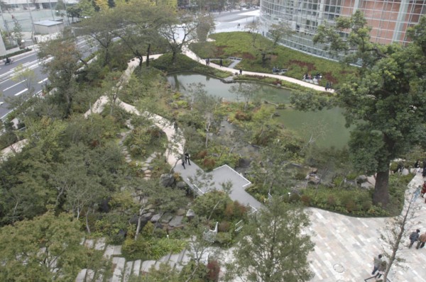 JAPAN, Honshu, Tokyo, Roppongi. Aerial view over traditional Japanese garden beside Asahi