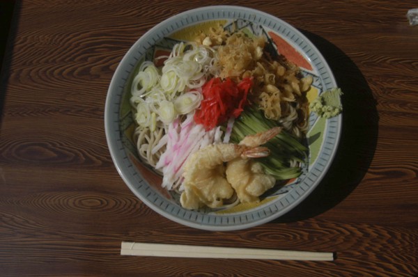 JAPAN, Chiba, Tako, "Bowl of "" hiyashi tanuki soba"" chilled raccoon dog buckwheat noodles,