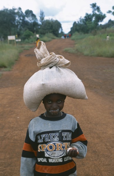TANZANIA, West, Great Lakes Region, Young refugee girl carrying sack of food on her head with