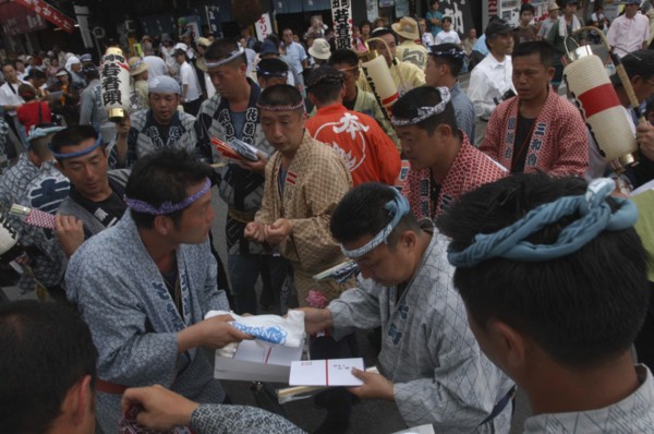 JAPAN, Chiba, Narita, "Gion Matsuri. Men in Edo-era costumes, each specific to their neighborhood,
