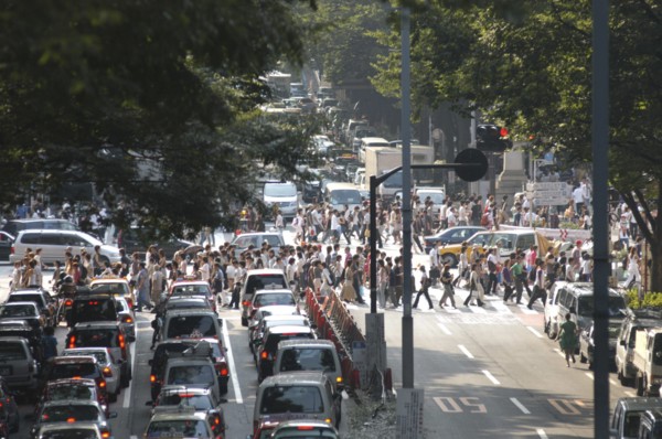 JAPAN, Honshu, Tokyo, "Harajuku. View looking up Omote-sando avenue to the intersection with