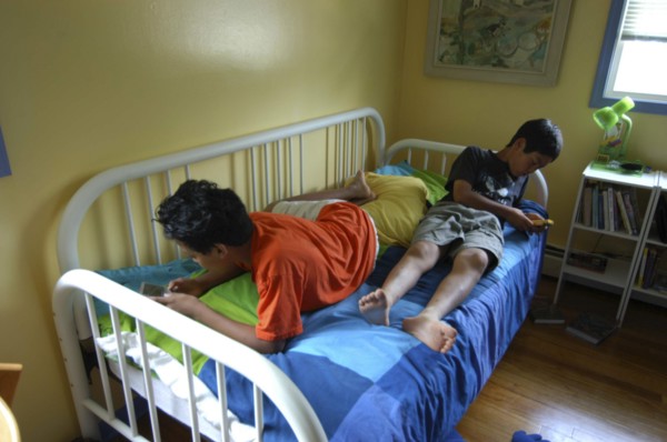 USA, Pennsylvania, Carlisle, "11 year old Dylan Demanski  and visiting friend 12 year old Satoshi