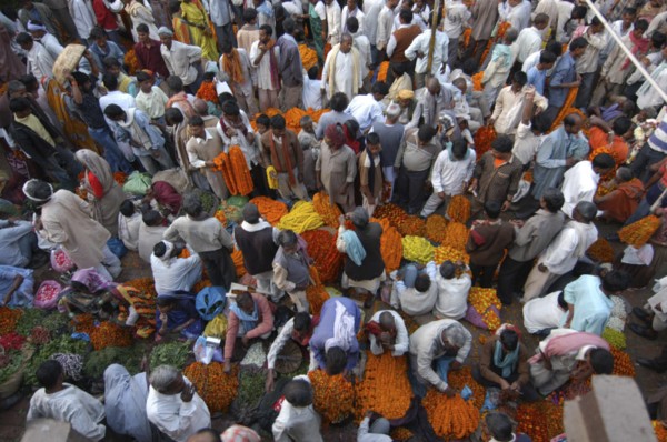 INDIA, Uttar Pradesh, Varanasi, View looking down on busy flower market with a majority of male