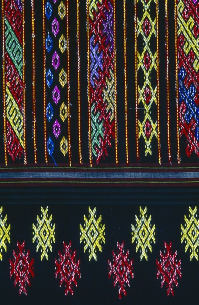 MYANMAR, Kachin State, Myitkyina, Close up detail of a Lacid womans sarong which is traditional