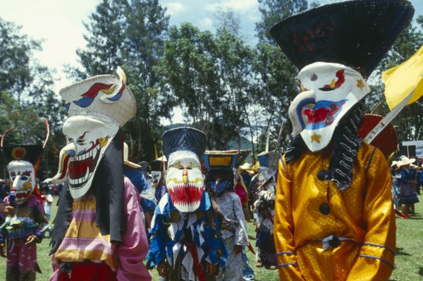 THAILAND, Loei Province, Dan Sai, Phi Ta Khon or Spirit Festival. Group of spirits in costumes and