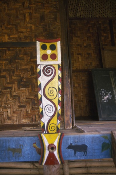 MYANMAR, Kachin State, Near Myitkyina, Jinghpaw ceremonial house interior detail at Manao grounds