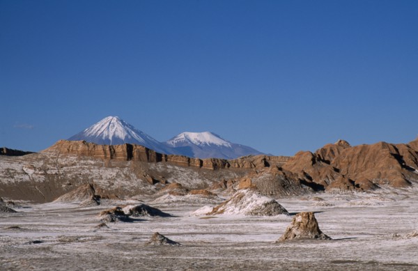 CHILE, Antofagasta, General, Salt deposits on desert surface near San Pedro de Atacama with snow