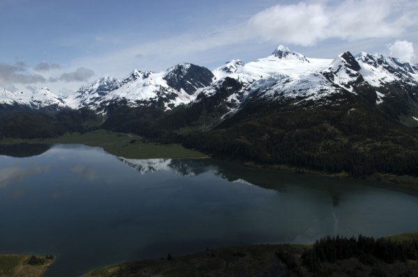 USA, Alaska, Prince William Sound, View over waters toward snow capped mountain peaks