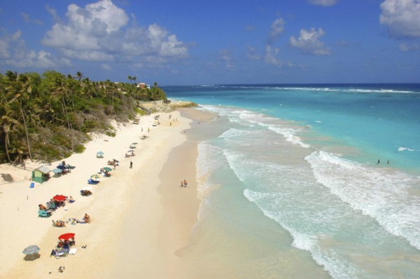 WEST INDIES, Barbados, St Philip, View along Crane beach with scattering of umbrellas and