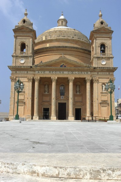 MALTA, Mgarr, Church facade with corner towers and domed roof