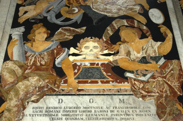 MALTA, Valletta , St Johns Cathedral. Detail of intricate marble inlaid tombstone forming part of a