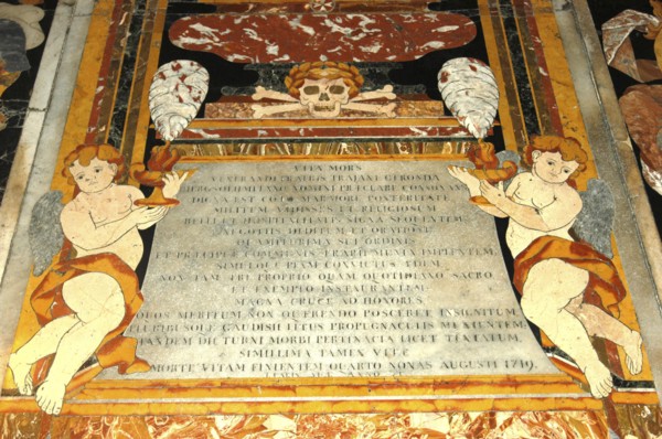 MALTA, Valletta , St Johns Cathedral. Detail of intricate marble inlaid tombstone forming part of a