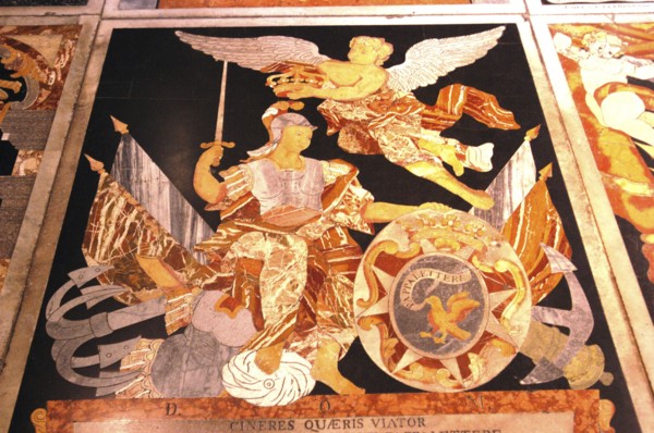MALTA, Valletta , St Johns Cathedral. Detail of intricate marble inlaid tombstone forming part of a