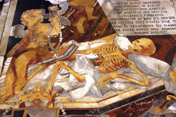 MALTA, Valletta , St Johns Cathedral. Detail of intricate marble inlaid tombstone forming part of a