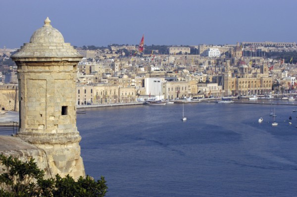 MALTA, Vittoriosa, View of fortification sentry post overlooking harbour and town