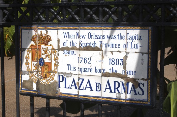 USA, Louisiana, New Orleans, French Quarter. Tiled plaque on wrought iron gate of the historically