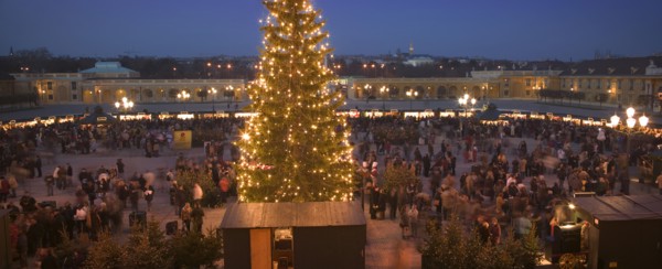 AUSTRIA, Vienna, The Schloss Schonbrunn Christmas Market with central Christmas Tree.