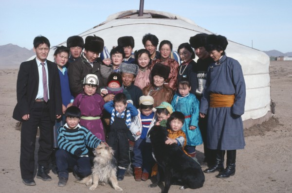 MONGOLIA, Ulaan Baatar, Three generations of one family outside their yurt.