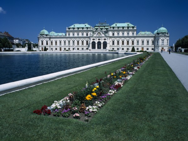 AUSTRIA, Vienna, Upper Belveder Palace southern facade seen over large pool in the gardens