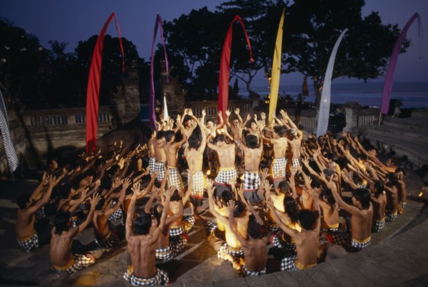 INDONESIA, Bali, Kechak dancers forming human mandala.  The Kechak dance tells the story of Prince