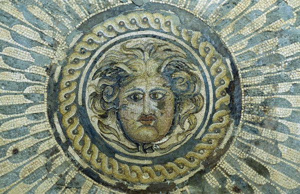 LIBYA, Tolmeita, Mosaic depicting Medusa exhibited in the museum