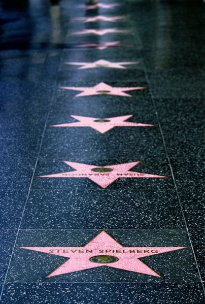 USA, California, Los Angeles, Hollywood. Pink marble and bronze stars embedded into Hollywood