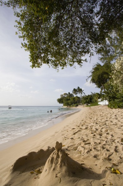 WEST INDIES, Barbados, St Peter, Gibbes Bay beach in the late afternoon with sandcastles at the