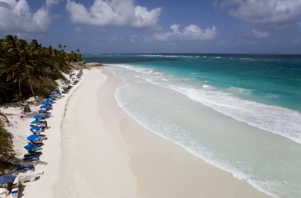 WEST INDIES, Barbados, St Philip, Crane Beach with sunbeds and umbrellas on the beach edge