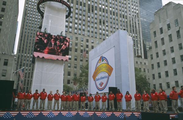USA, New York, Manhattan, "Rockefeller Centre ‘Democracy Plaza’ during 2004 elections, billed as a