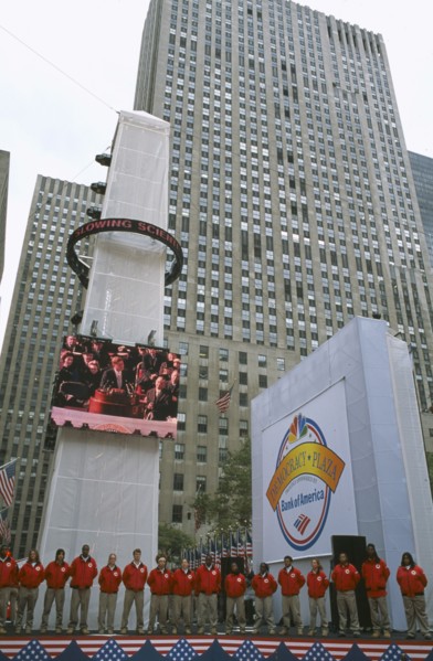 USA, New York, Manhattan, "Rockefeller Centre ‘Democracy Plaza’ during 2004 elections, billed as a