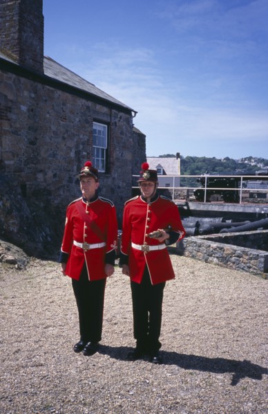 UNITED KINGDOM, Channel Islands, Guernsey, St Peter Port. Castle Cornet. Noon Day Guards standing