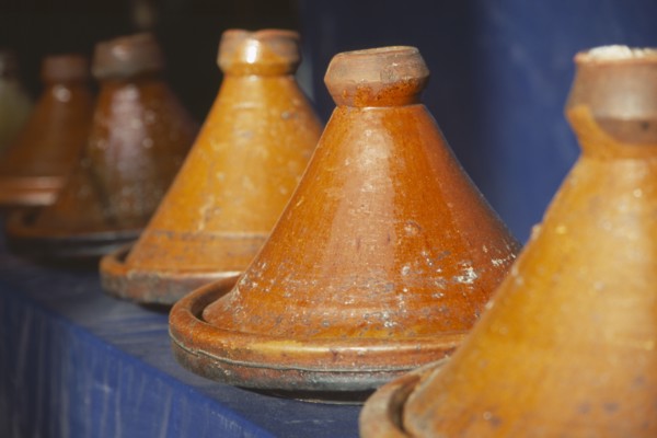 MOROCCO, Middle Atlas, Azilal, Tagine dishes.