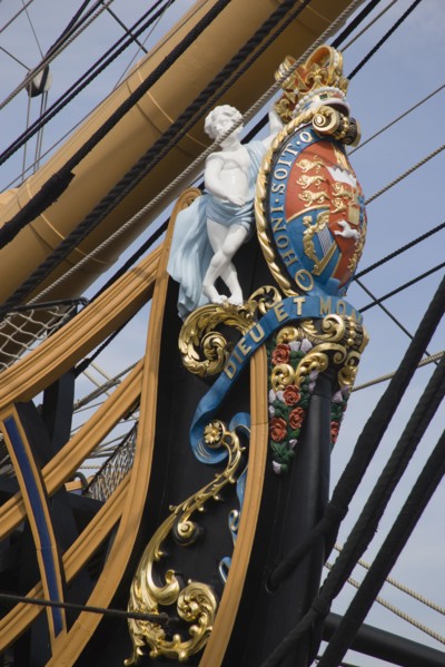 ENGLAND, Hampshire, Portsmouth, The bow of HMS Victory in the Historic Dockyard showing the bow