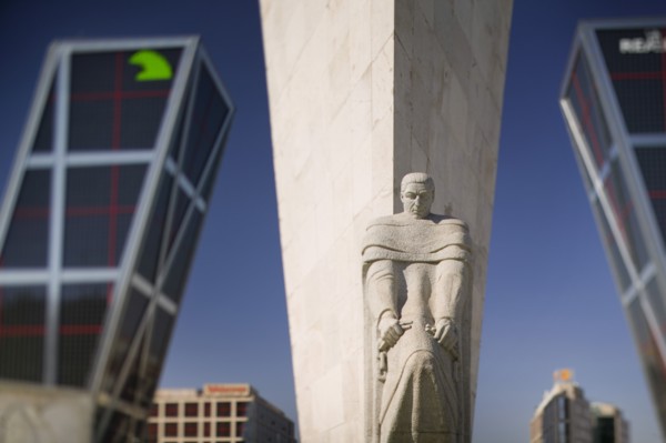 SPAIN, Madrid, Detail of Espana A Calvo Sotelo statue in front of the Torres de Europa in Plaza de