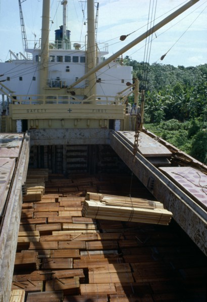 BRAZIL, Amazon, Logging, Timber being loaded onto ship for export.