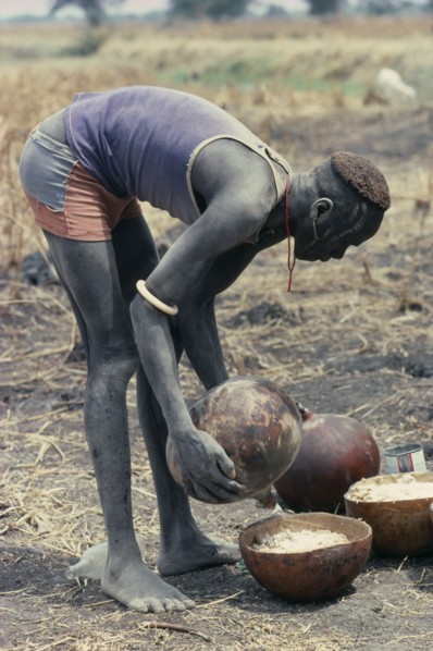 SUDAN, Tribal People, Preparation of millet porridge for Dinka wedding feast.